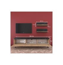 Mueble TV Completo en Melamina Color Roble y Negro, 180x35x48.5 cm, con 2 Estantes